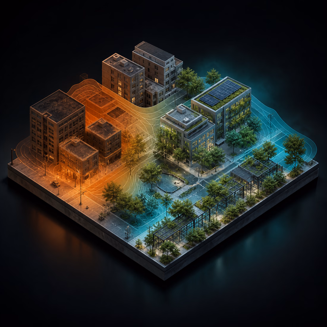 A 3D urban block transitioning from exposed heat to tree canopy, cool roofs, and shaded public space